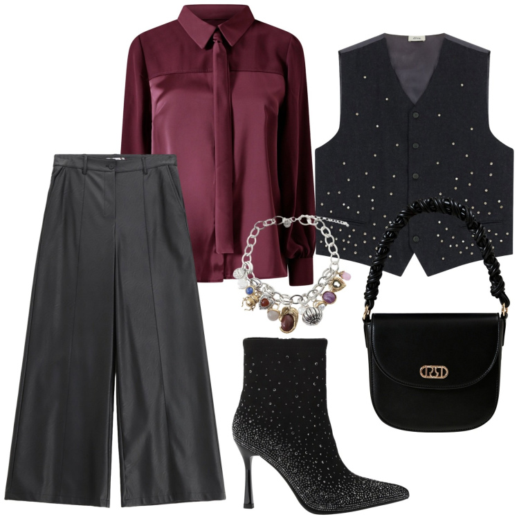 Outfit donna - Serata con amici. per Serata fuori. Abbinamento con pantaloni, camicie, borse a mano, stivaletti, gilet, braccialetti con ciondoli.