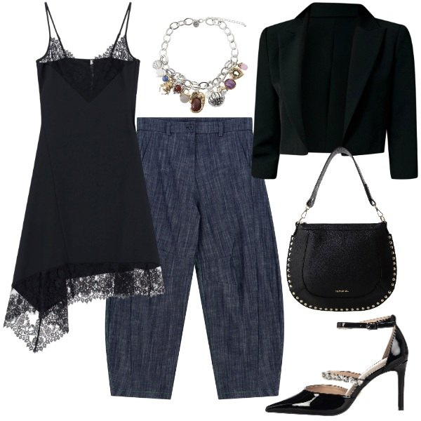 Outfit donna - l\'abito in pizzo sul jeans. Stile Sporty chic per Serata fuori. Abbinamento con bolero, décolleté, pantaloni, vestiti asimmetrici, borse a spalla, braccialetti con ciondoli.