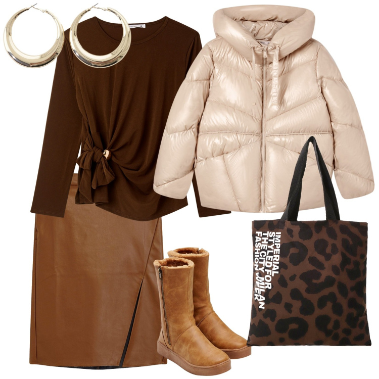 Outfit donna - Di giorno. per Tutti i giorni. Abbinamento con stivali, gonne longuette, giacche, bluse, orecchini, shopping bag.