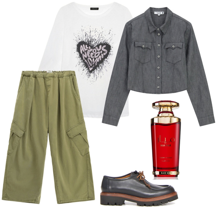 Outfit donna - Profumo sempre. per Tutti i giorni. Abbinamento con profumi, pantaloni cargo, camicie, mocassini, t-shirt.