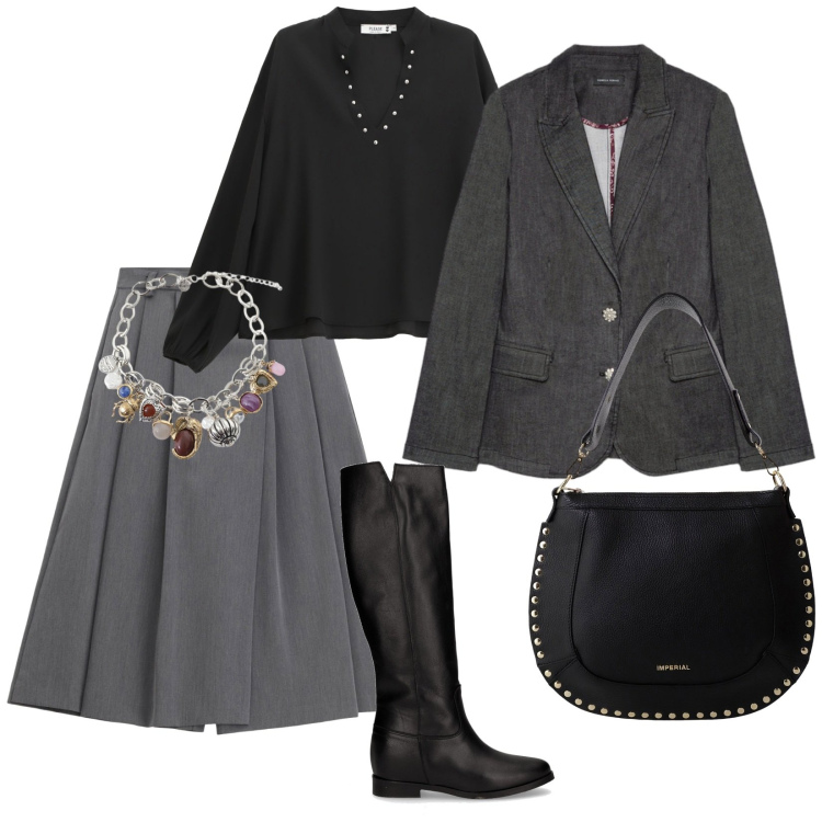 Outfit donna - Teatro. per Serata fuori. Abbinamento con camicie, pantaloni, borse a spalla, braccialetti con ciondoli, stivali, blazer.