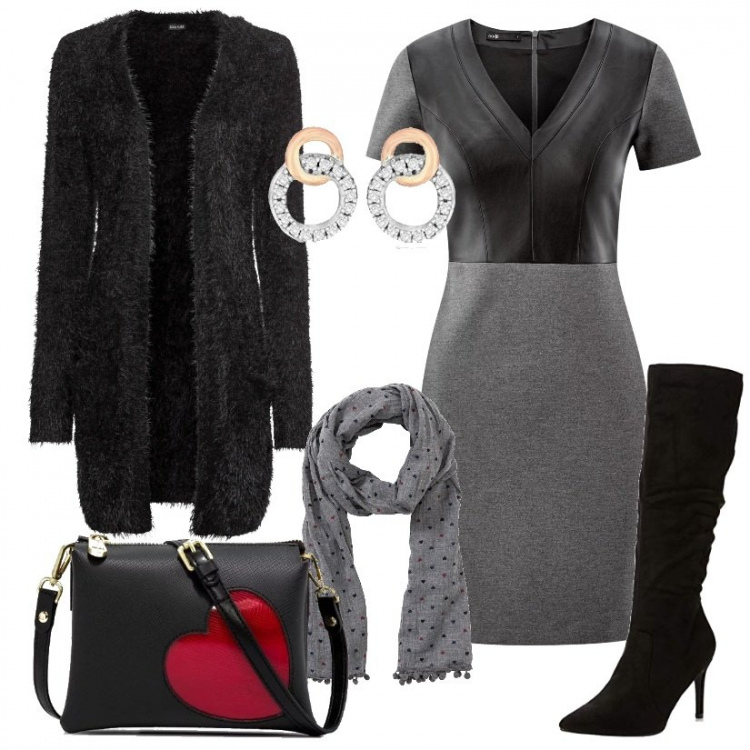 Outfit donna - Abito in maglia con top in ecopelle. Stile Trendy per Tutti i giorni. Abbinamento con cardigans, sciarpina fantasia grigio, vestito in in maglia, stivali nero, borsa a tracolla fantasia taglia media con zip oro, orecchini a perno in sterling 925 argento e bianco.