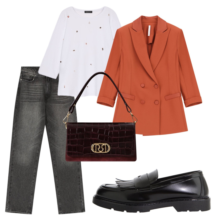 Outfit donna - La giacca arancione. Stile Casual per Ufficio. Abbinamento con borse a mano, blazer, mocassini, jeans dritti, t-shirt.