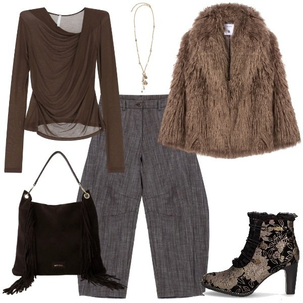 Outfit donna - city. Stile Boho per Serata fuori. Abbinamento con ecopellicce, pantaloni, bluse, borse a spalla, stivaletti, ciondoli.