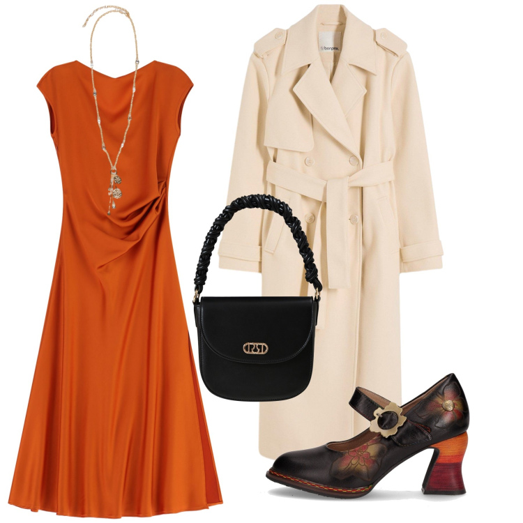 Outfit donna - Arancione a ottobre. Stile Chic per Serata fuori. Abbinamento con trench, borse a mano, vestiti lunghi, décolleté, ciondoli.