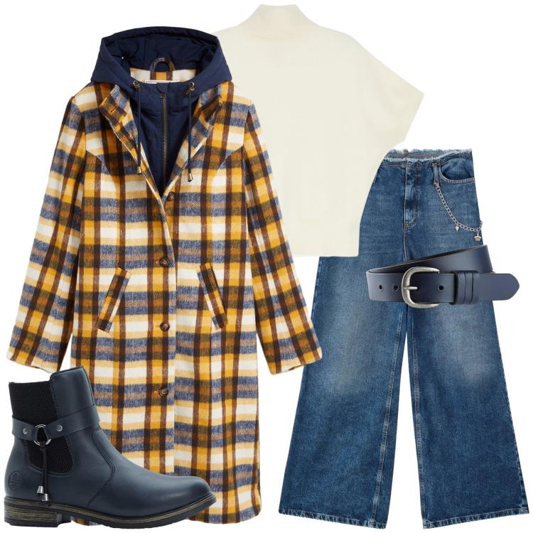 Outfit donna - Un tocco di giallo illumina l\'autunno. Stile Urban per Tutti i giorni. Abbinamento con cappotti, cinture, stivaletti chelsea, jeans dritti, maglieria.