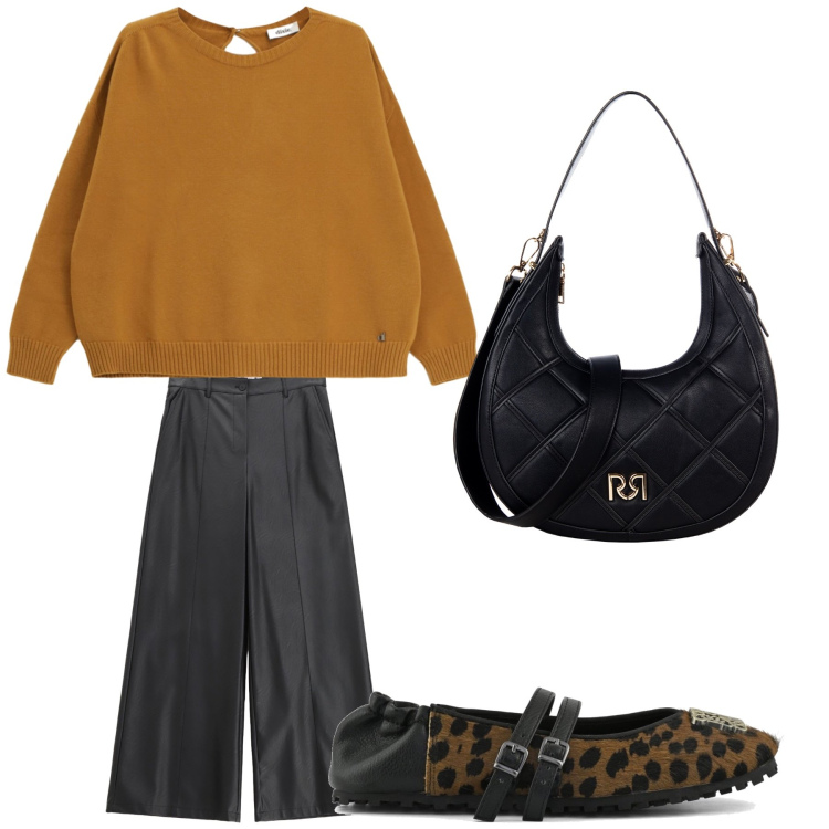 Outfit donna - Aperitivo. Stile Trendy per Tutti i giorni. Abbinamento con pantaloni, maglieria, borse a tracolla, ballerine.