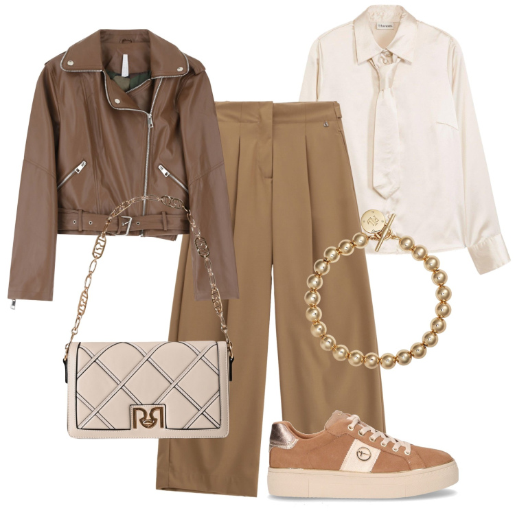 Outfit donna - Apericena tra amiche. Stile Casual chic per Serata fuori. Abbinamento con camicie, borse a tracolla, giacche, pantaloni a palazzo, braccialetti, sneakers.