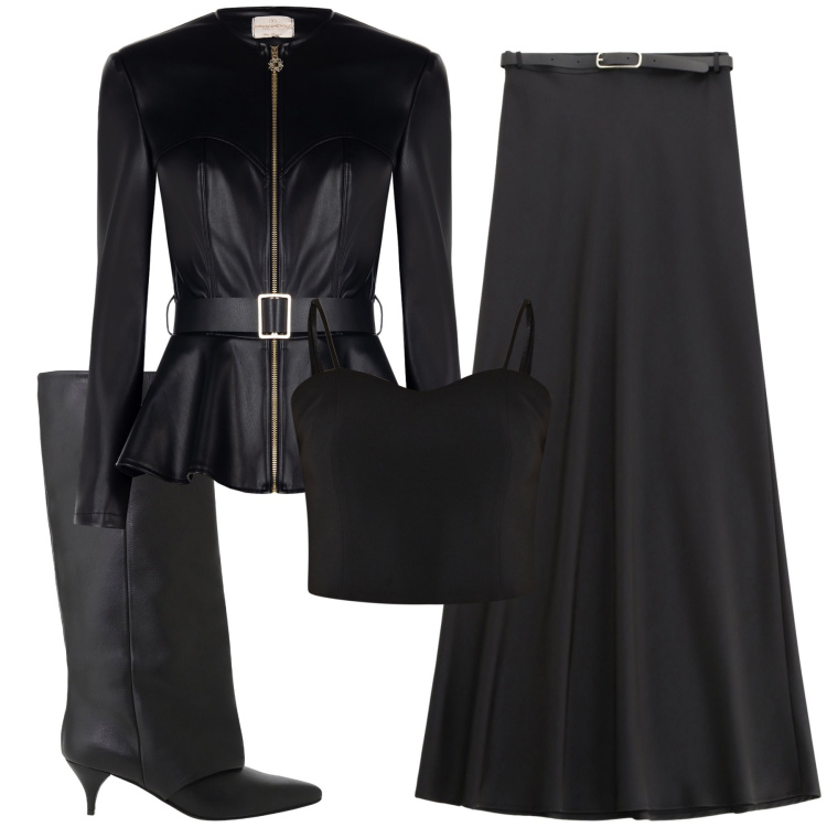 Outfit donna - Dark e chic. Stile Sexy per Serata fuori. Abbinamento con blazer, top, gonne lunghe, stivali.