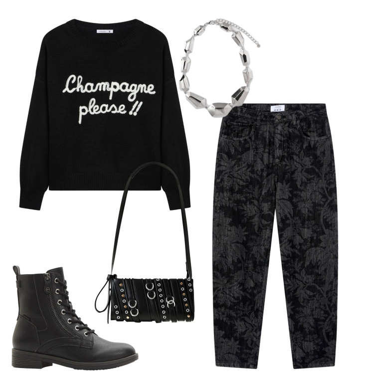 Outfit donna - Champagne please!. Stile Casual per Tutti i giorni. Abbinamento con stivaletti, jeans, maglieria, borse a spalla, ciondoli.