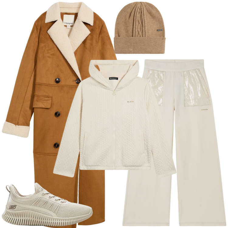 Outfit donna - se fa freddo non rinuncio ad uscire. Stile Minimal per Tutti i giorni. Abbinamento con sneakers, cappotti, felpe con cappuccio, pantaloni sportivi, berretti.