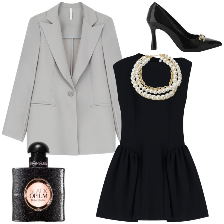 Outfit donna - La sera. Stile Casual chic per Serata fuori. Abbinamento con profumi, collane, blazer, décolleté, vestiti corti.