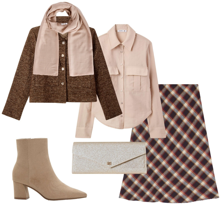 Outfit donna - Total look #2266310. Stile Bon Ton per Tutti i giorni. Abbinamento con stivaletti, blazer, camicie, foulard, pochette, gonne.