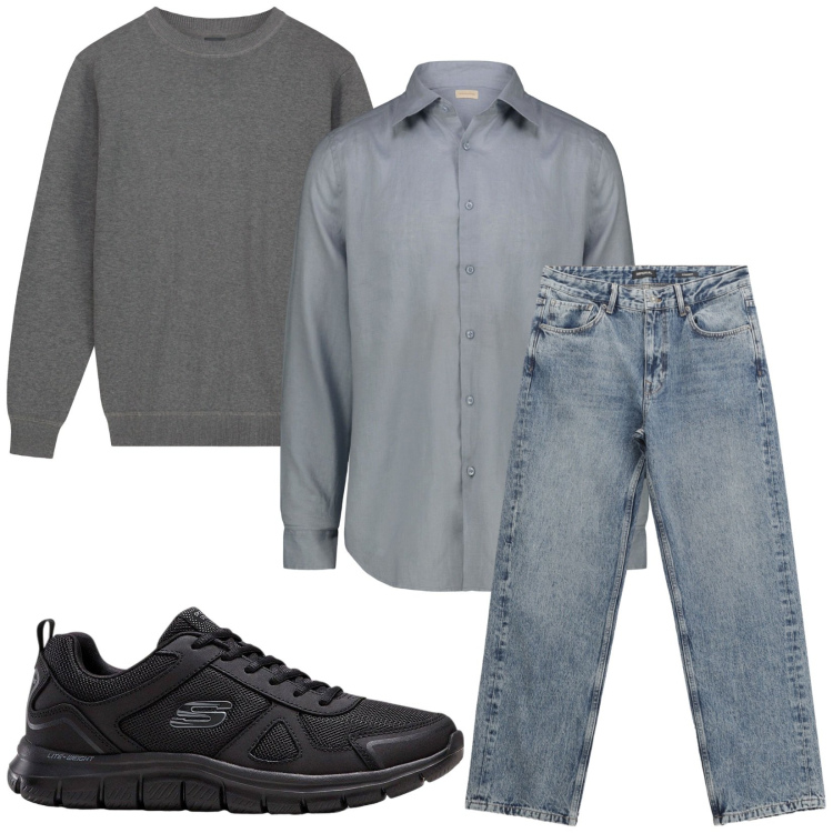 Outfit uomo - Total look #2266311. Stile Casual per Tutti i giorni. Abbinamento con sneakers, jeans dritti, camicie, maglieria.