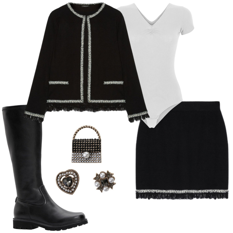 Outfit donna - Pomeriggio con amiche. Stile Casual chic per Tutti i giorni. Abbinamento con stivali, accessori per capelli, body, cardigans, minigonne.