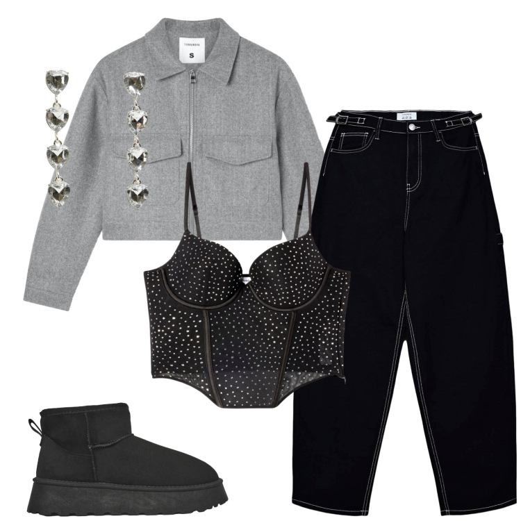 Outfit donna - Serata con amici. Stile Sporty chic per Serata fuori. Abbinamento con pantaloni, blazer, orecchini, stivaletti, top.