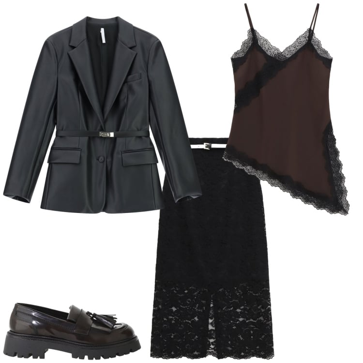 Outfit donna - Serata tra amici. Stile Casual per Serata fuori. Abbinamento con blazer, gonne lunghe, canottiere, mocassini.