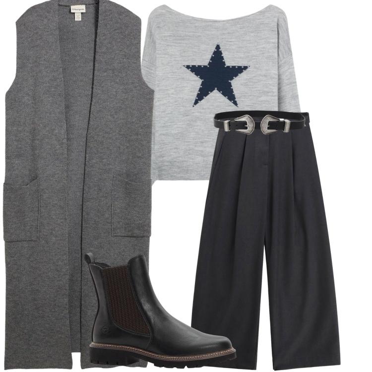 Outfit donna - Gilet lungo in maglia. Stile Casual chic per Serata fuori. Abbinamento con maglieria, stivaletti chelsea, maglieria, pantaloni a palazzo, cinture.