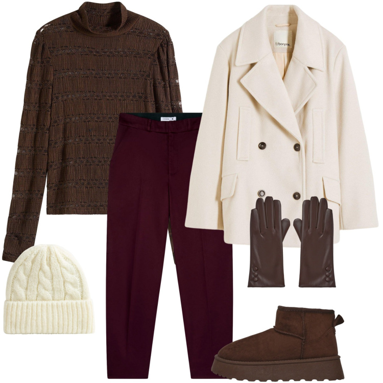 Outfit donna - Caban panna. Stile Urban per Tutti i giorni. Abbinamento con caban, maglieria, pantaloni chino, berretti, guanti, stivaletti.