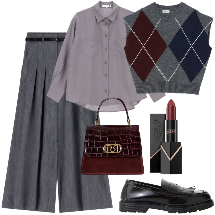 Outfit donna - Indossa il grigio con stile. Stile Casual per Ufficio. Abbinamento con rossetti, camicie, borse a mano, pantaloni a palazzo, mocassini, gilet.