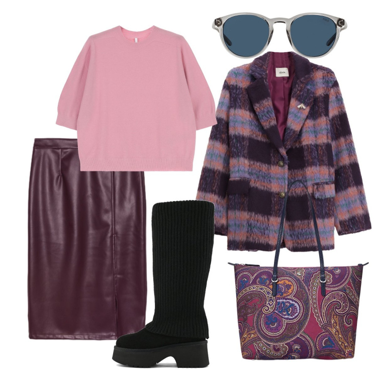 Outfit donna - Viola e rosa accostamento delicato. Stile Glamour per Tutti i giorni. Abbinamento con blazer, maglieria, occhiali da sole, borse tote, gonne longuette, stivali sopra il ginocchio.