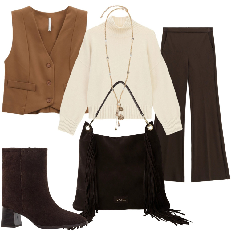 Outfit donna - La mia giornata in marrone. Stile Urban per Tutti i giorni. Abbinamento con stivaletti, borse a spalla, maglieria, pantaloni, gilet, ciondoli.