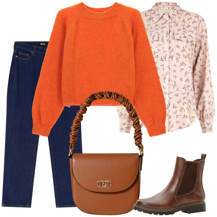 Outfit donna - Arancione a ottobre. Stile Casual per Scuola/Università. Abbinamento con stivaletti chelsea, camicie, borse a mano, maglieria, jeans dritti.