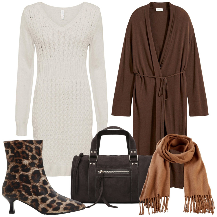 Outfit donna - Abito e cardigan. Stile Trendy per Tutti i giorni. Abbinamento con vestiti, sciarpe, cappotti, stivaletti, borse a mano.