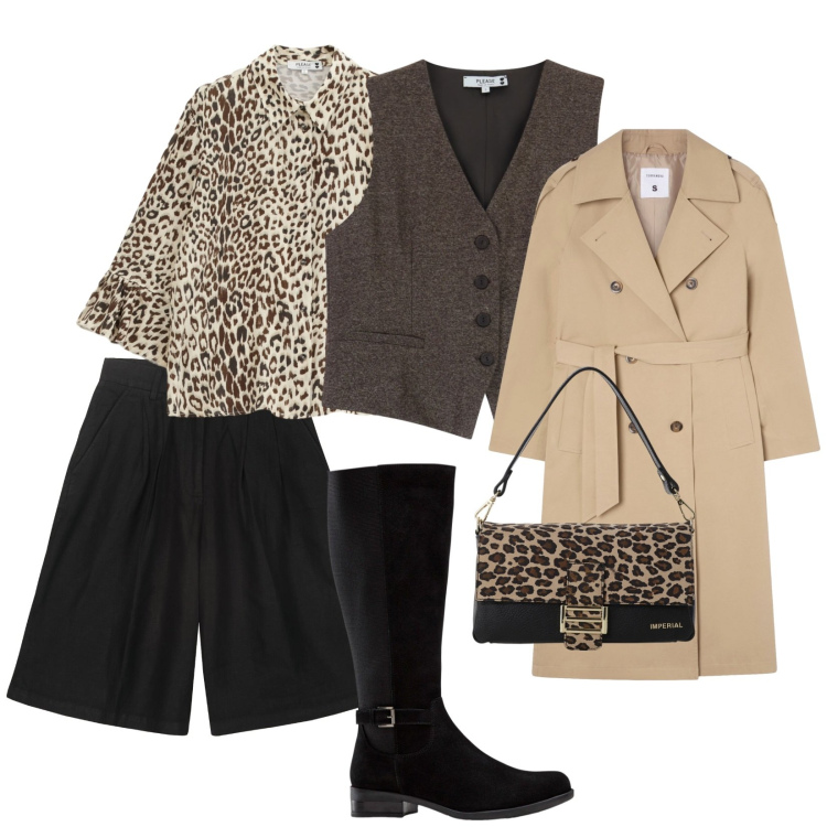 Outfit donna - Inizia il weekend. per Ufficio. Abbinamento con stivali, trench, gilet, camicie, borse a spalla, bermuda.