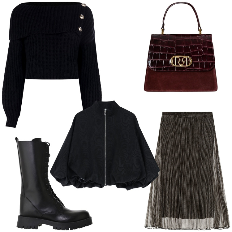 Outfit donna - Look cittadino. Stile Glamour per Tutti i giorni. Abbinamento con maglieria, borse a mano, bomber, gonne lunghe, stivali.
