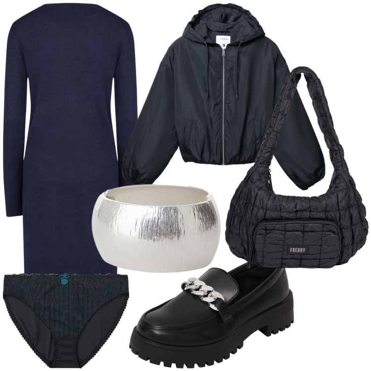 Outfit donna - Total look. Stile Urban per Tutti i giorni. Abbinamento con slip, mocassini, bomber, anelli, borse a spalla, vestiti midi/longuette.