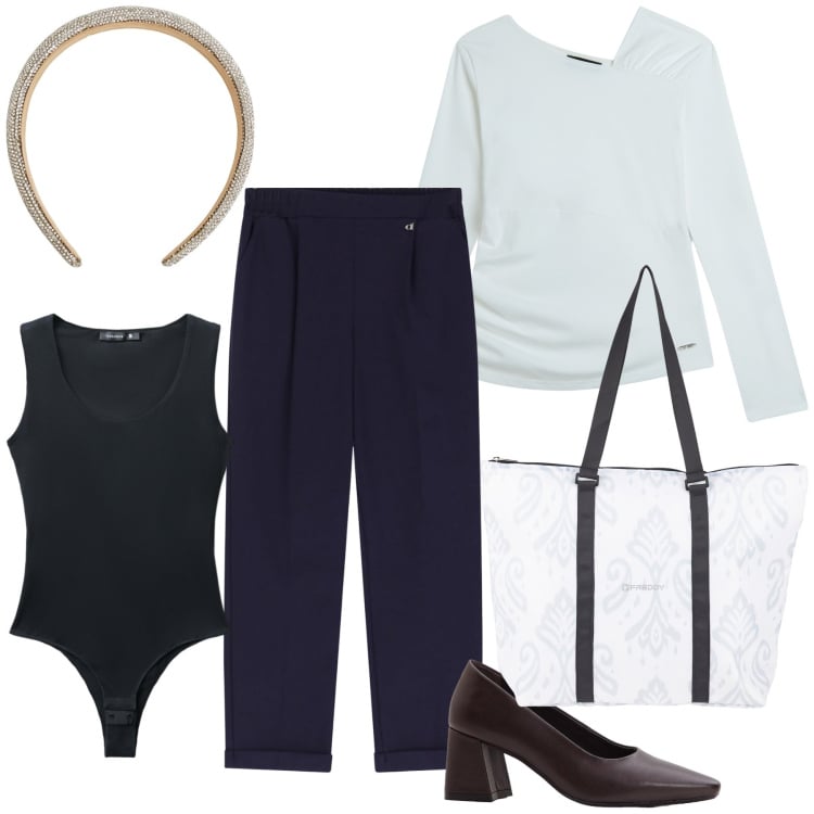 Outfit donna - Il cerchietto gioiello. Stile Basic per Tutti i giorni. Abbinamento con décolleté, cerchietti, body, pantaloni, maglieria, shopping bag.