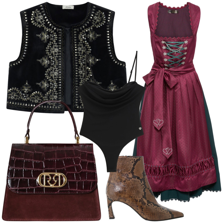 Outfit donna - Serata folk. Stile Boho per Serata fuori. Abbinamento con vestiti, borse a mano, body, stivaletti, gilet.