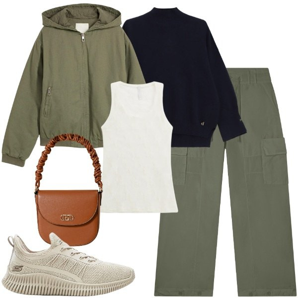Outfit donna - Verde oliva nel week end. Stile Urban per Tutti i giorni. Abbinamento con sneakers, blazer, borse a mano, canottiere, pantaloni cargo, maglieria.