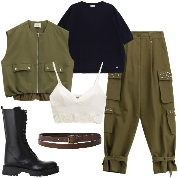 Outfit donna - Military nel week end. Stile Military per Tutti i giorni. Abbinamento con cinture, top, pantaloni cargo, gilet, stivali, maglieria.
