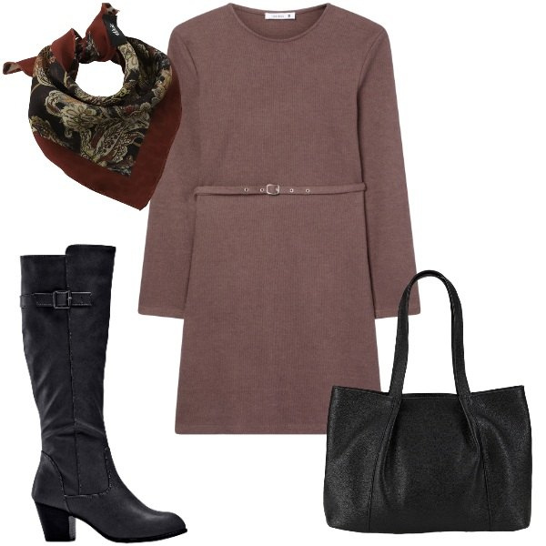 Outfit donna - Abito in maglia da giorno. Stile Trendy per Ufficio. Abbinamento con stivali, shopping bag, vestiti midi/longuette, foulard.