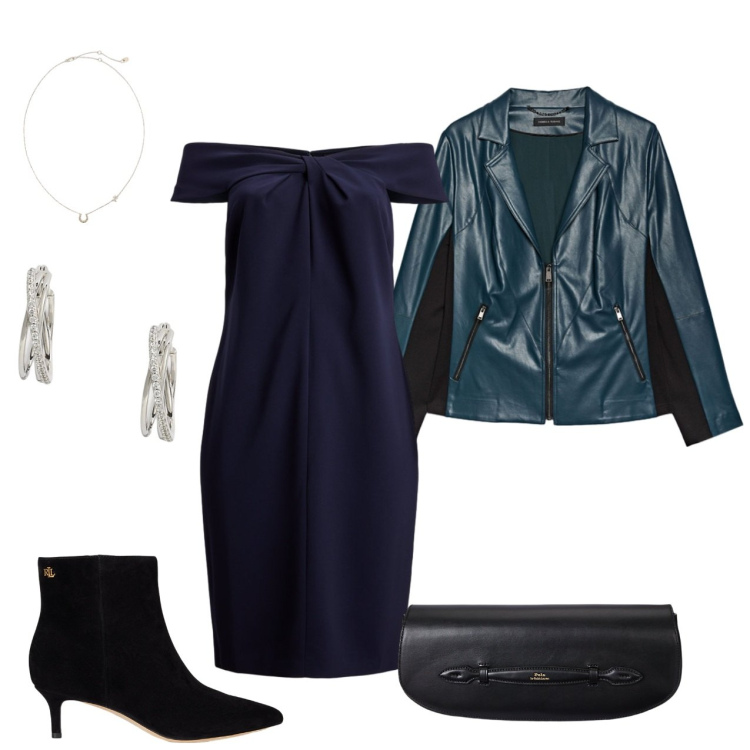 Outfit donna - Sicura di se. Stile Trendy per Serata fuori. Abbinamento con vestiti, orecchini, stivaletti, clutch, ciondoli, giacche.