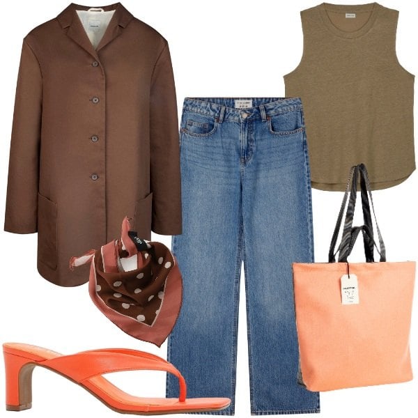 Outfit donna - Accessori arancione. Stile Urban per Tutti i giorni. Abbinamento con infradito, jeans, borse tote, foulard, top, trench.