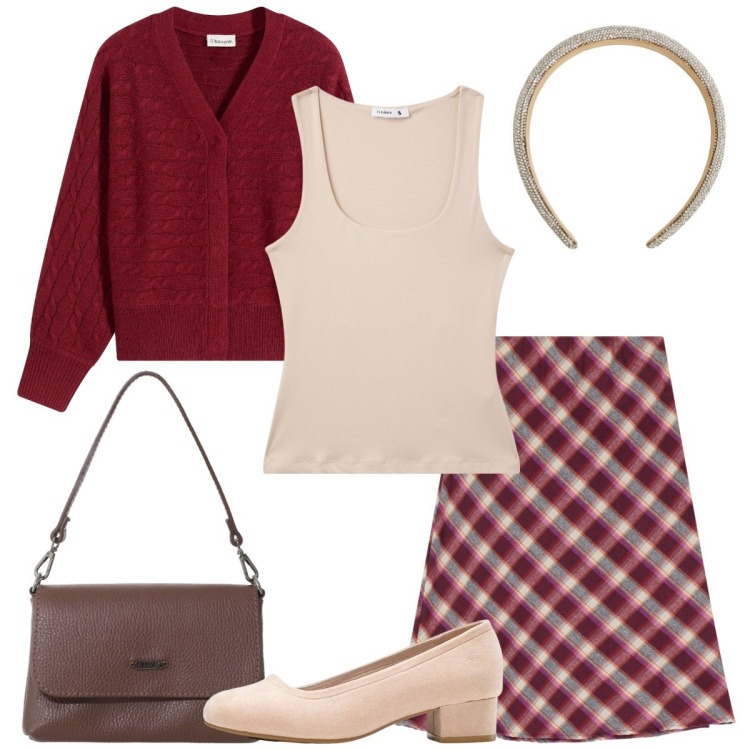 Outfit donna - La gonna a quadri. Stile Basic per Tutti i giorni. Abbinamento con décolleté, cardigans, cerchietti, canottiere, gonne, borse a tracolla.