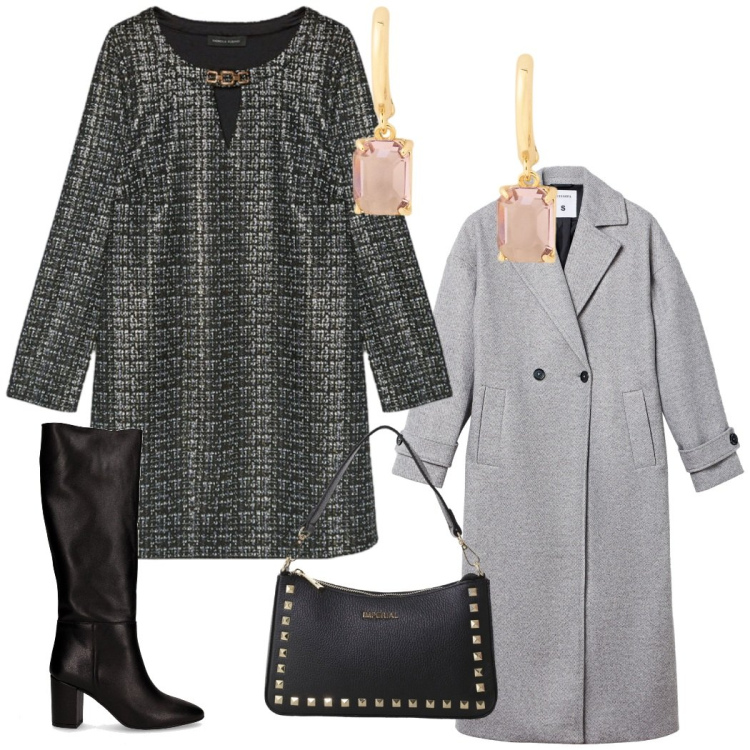 Outfit donna - Total look #2266387. Stile Chic per Serata fuori. Abbinamento con cappotti, pochette, orecchini, vestiti corti, stivali.