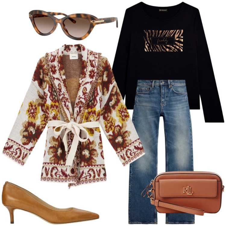 Outfit donna - La giacca di lana must have. Stile Casual chic per Ufficio. Abbinamento con cardigans, t-shirt, décolleté, jeans bootcut, occhiali da sole, pochette.