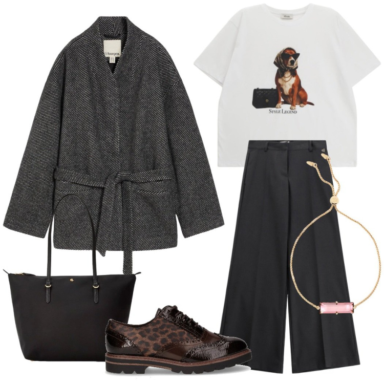 Outfit donna - Urban style. Stile Urban per Ufficio. Abbinamento con blazer, pantaloni a palazzo, t-shirt, braccialetti, borse tote, scarpe stringate.