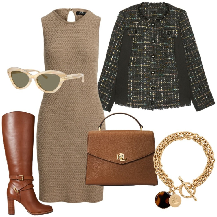 Outfit donna - Chic con tubino e giacca di lana. Stile Chic per Tutti i giorni. Abbinamento con vestiti senza maniche, braccialetti con ciondoli, stivali, borse a mano, occhiali da sole, blazer.