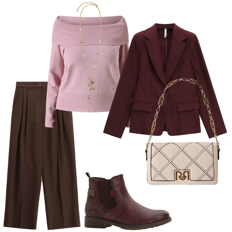 Outfit donna - Tre colori insieme. per Tutti i giorni. Abbinamento con stivaletti chelsea, maglieria, borse a tracolla, pantaloni a palazzo, blazer, ciondoli.
