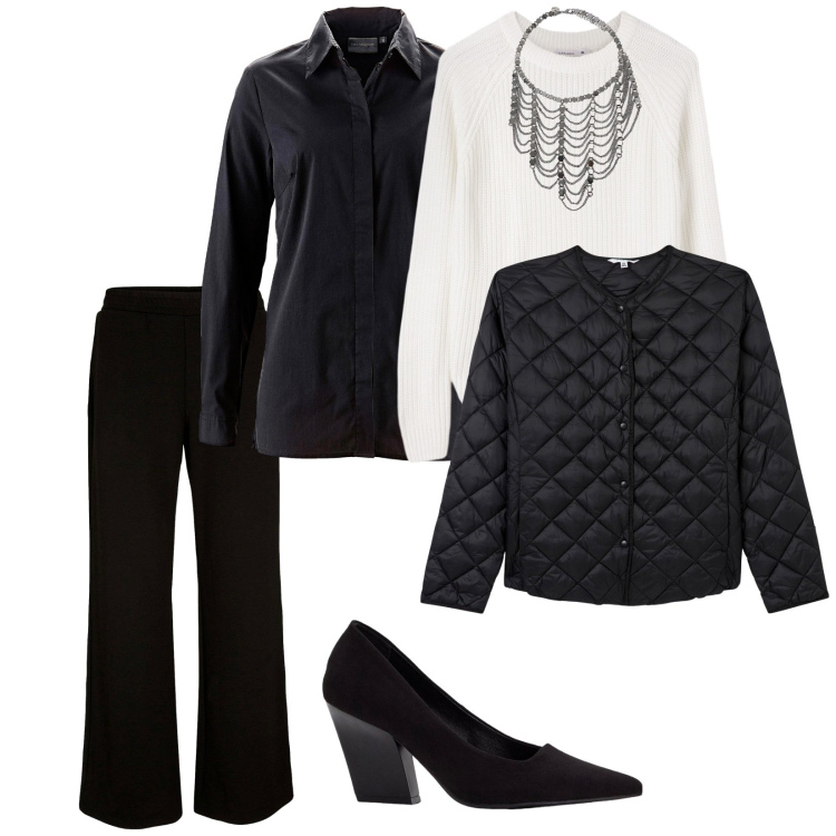 Outfit donna - Mattina e sera. per Serata fuori. Abbinamento con pantaloni a palazzo, camicie, décolleté, piumini, maglieria, collane.