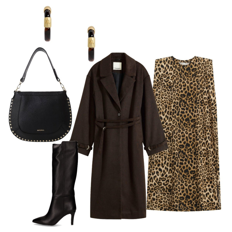 Outfit donna - Per la serata l’abito glamour. Stile Glamour per Serata fuori. Abbinamento con cappotti, borse a spalla, vestiti midi/longuette, orecchini, stivali.