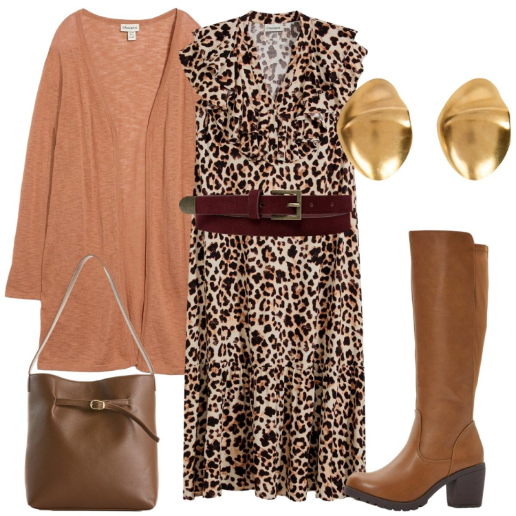 Outfit donna - L\'abito animalier. Stile Basic per Tutti i giorni. Abbinamento con stivali, vestiti midi/longuette, cardigans, borse a mano, cinture, orecchini.