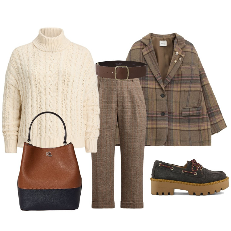 Outfit donna - In città. Stile Bon Ton per Ufficio. Abbinamento con cinture, blazer, pantaloni, borse a secchiello, maglieria, mocassini.