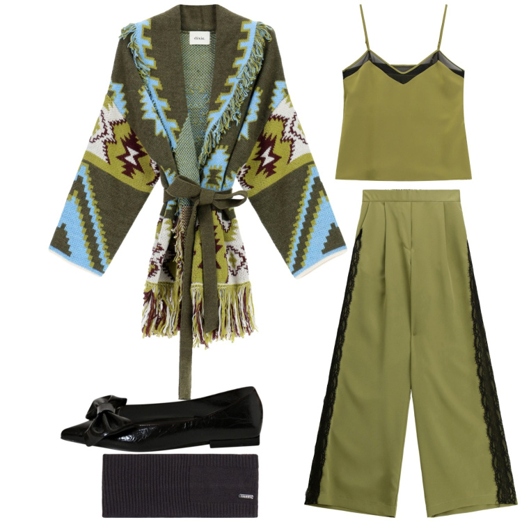 Outfit donna - Total look #2266405. Stile Casual per Tutti i giorni. Abbinamento con cappotti, pantaloni a palazzo, ballerine, top, accessori per capelli.