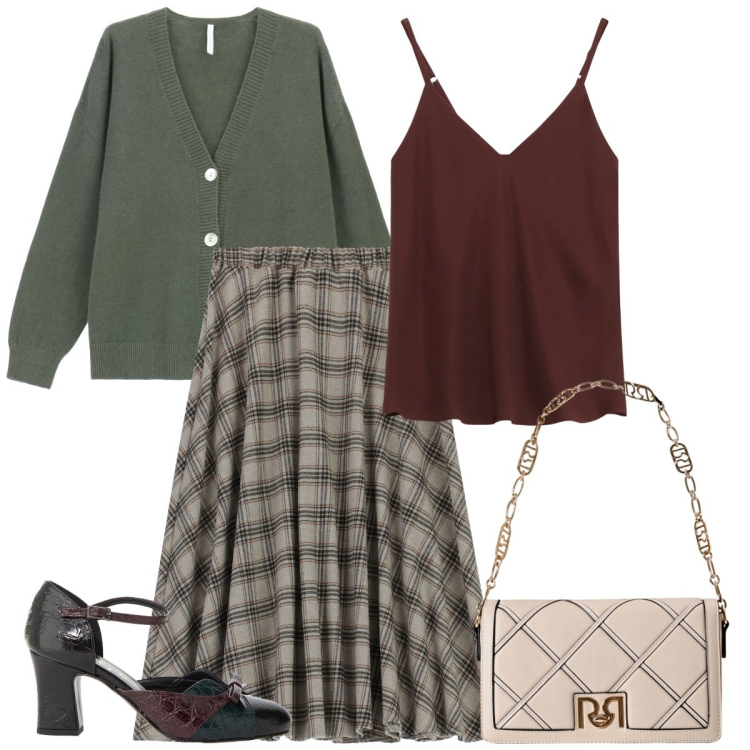 Outfit donna - Canotta e cardigan. Stile Basic per Tutti i giorni. Abbinamento con gonne longuette, borse a tracolla, cardigans, décolleté, top.